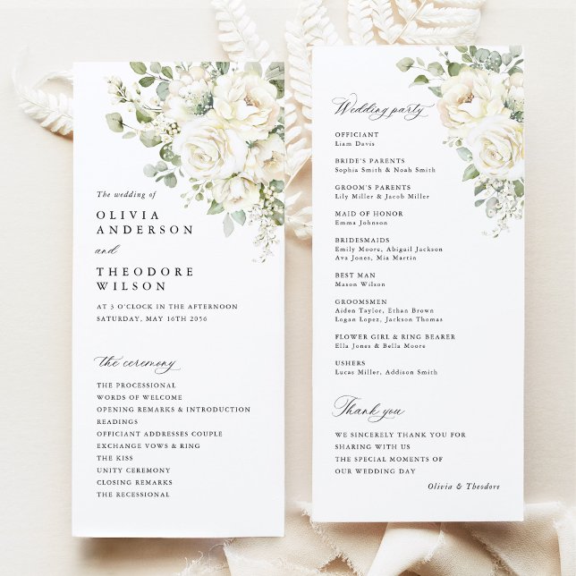Sagegrön vit blomster elegant vigselceremoni program (Sage green white floral wedding program card, watercolor modern classic order of ceremony stationery)