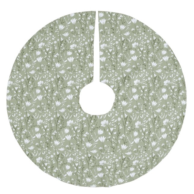 Sagegrön vit blomster julhelg julgransmatta borstad polyester (Framsidan)