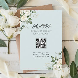 Sagegrön vit blomster- script QR-kod bröllop OSA Kort