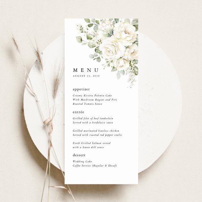 Sagegrön vit blomster vattenfärg bröllopsmiddag meny (Sage green white floral wedding menu card, watercolor roses elegant reception stationery, flat lay)