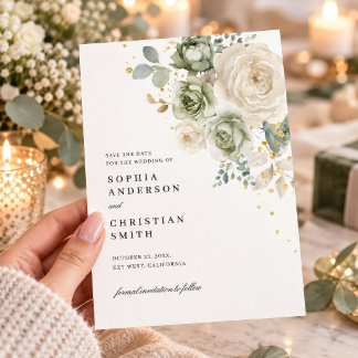 Sagegrön & vit blomsterbröllop Spara datumet Inbjudningar