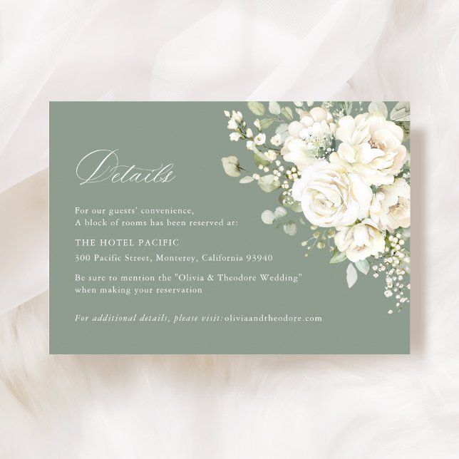 Sagegrön vit blomsterbröllopsboende tilläggskort (Sage green white floral wedding accommodation details card, watercolor greenery enclosure card)