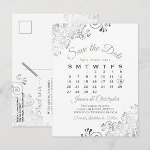 Sagegrön & vit bröllopsinbjudan Save the Date-kale Meddelande Vykort