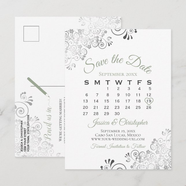Sagegrön & vit bröllopsinbjudan Save the Date-kale Meddelande Vykort (Fram/baksida)