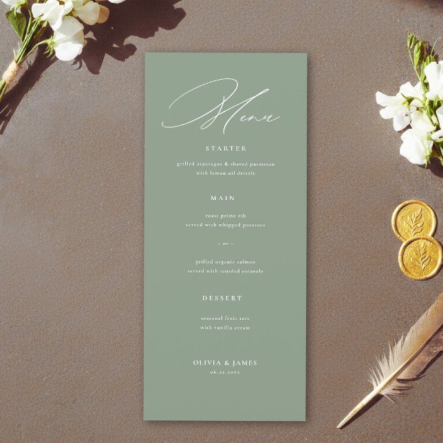 Sagegrön vit modern kalligrafi bröllop meny (sage green wedding menu elegant modern calligraphy white simple contemporary stylish)