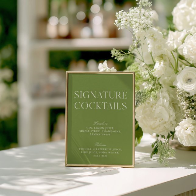 Sagegrön & Vit Signatur Cocktailmeny Inbjudningar (Sage Green & White Signature Cocktail Menu)