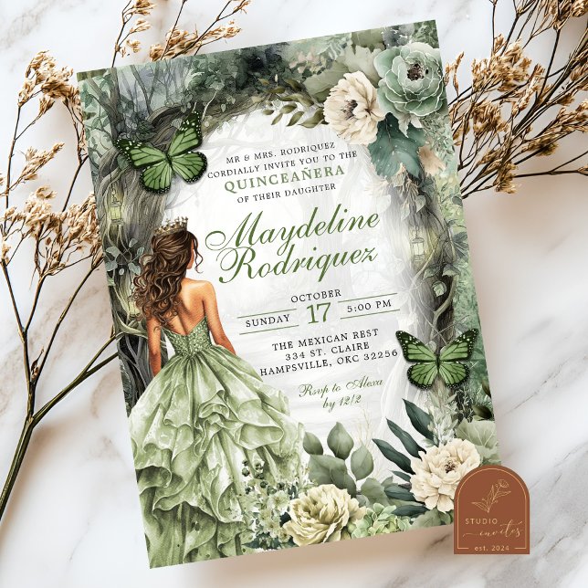 Sagegrön Whimsical Skog Quinceanera Inbjudningar (Skapare uppladdad)