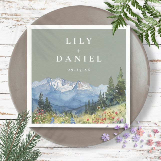 Sagegröna akvarell berg vildblomma bröllop pappersservett (Sage Green Watercolor Mountain Wildflower Wedding Napkins)