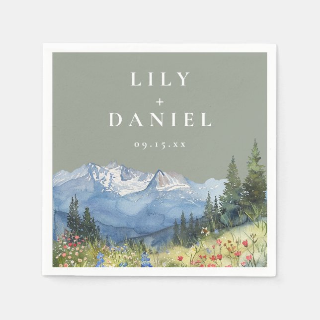 Sagegröna akvarell berg vildblomma bröllop pappersservett (Framsidan)