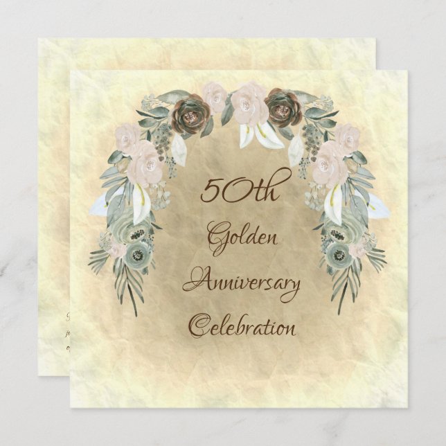 Sagegröna akvarellblommor Guldbröllop Inbjudningar (Fram/baksida)