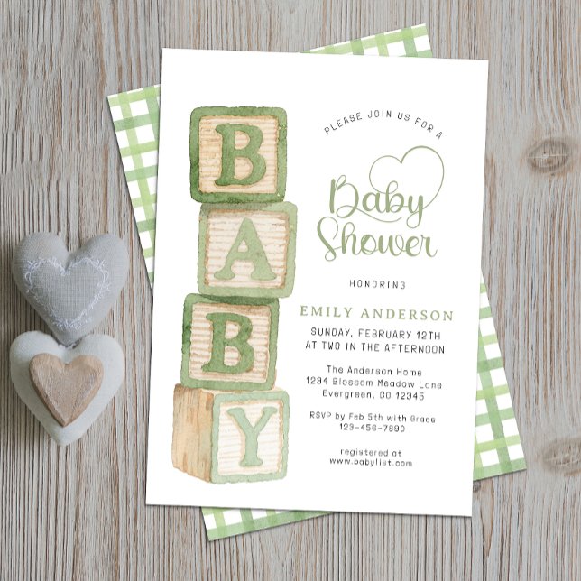 Sagegröna babyblock Babyshower Cottage Gingham Inbjudningar (Baby Shower Invitation)