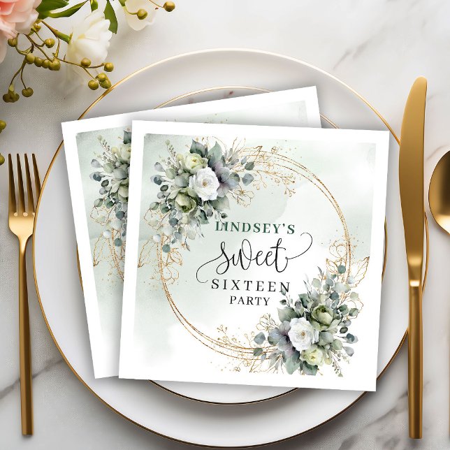 Sagegröna blad 16-års födelsedagsfest servetter (Sage Green Foliage 16th Birthday Party Napkins)