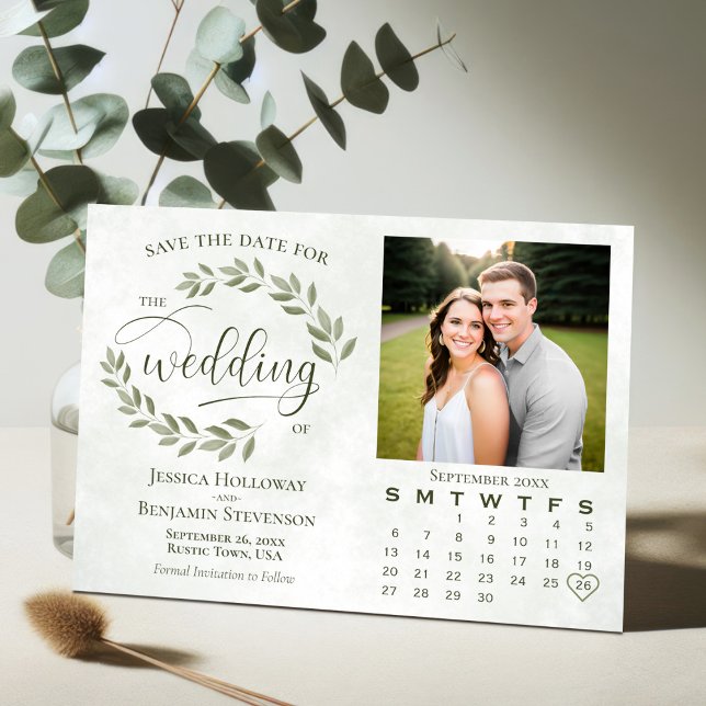 Sagegröna blad Foto & Kalender Rustik Bröllop Spara Datumet (Skapare uppladdad)