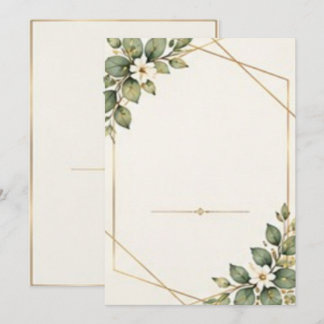 Sagegröna blad och vita blomställningar Guld ram Inbjudningar