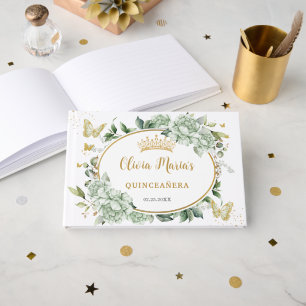 Sagegröna blommande fjärilar Guld Quinceanera 15 Gästböcker