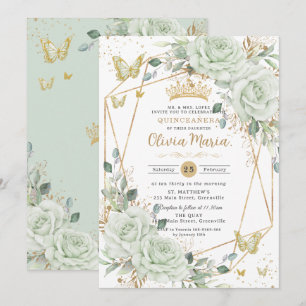 Sagegröna blommande fjärilar Quinceañera Quince Inbjudningar