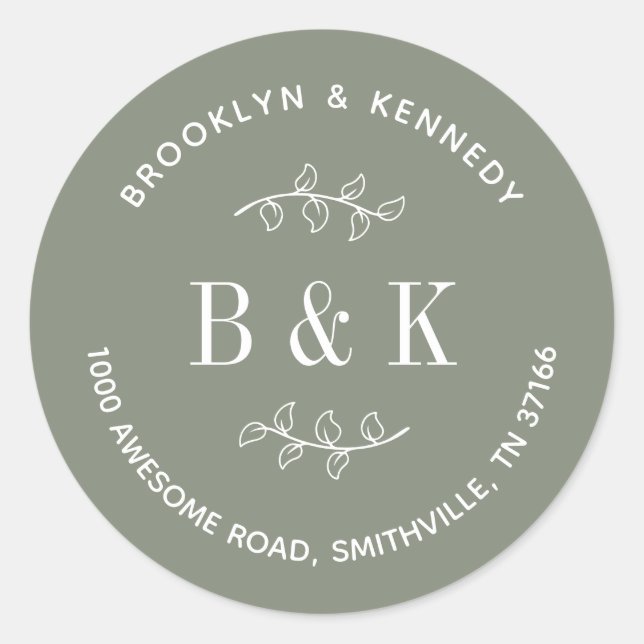 Sagegröna Blommiga Bröllopsparet Returadress Runt Klistermärke (Framsida)