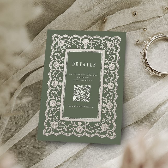 Sagegröna blommiga vintage spetsbröllopsdetaljer tilläggskort (Sage Green Floral Vintage Lace Wedding Details Enclosure Card)