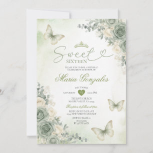 Sagegröna blommor fjärilsflicka Sweet Sixteen Inbjudningar