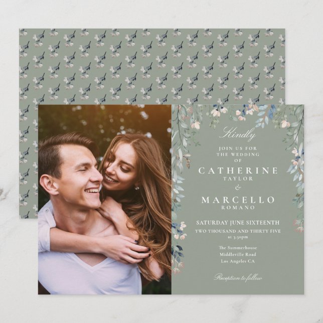 Sagegröna blomster ängsblommor Foto Bröllop Inbjudningar (Fram/baksida)
