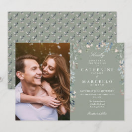 Sagegröna blomster ängsblommor Foto Bröllop Inbjudningar