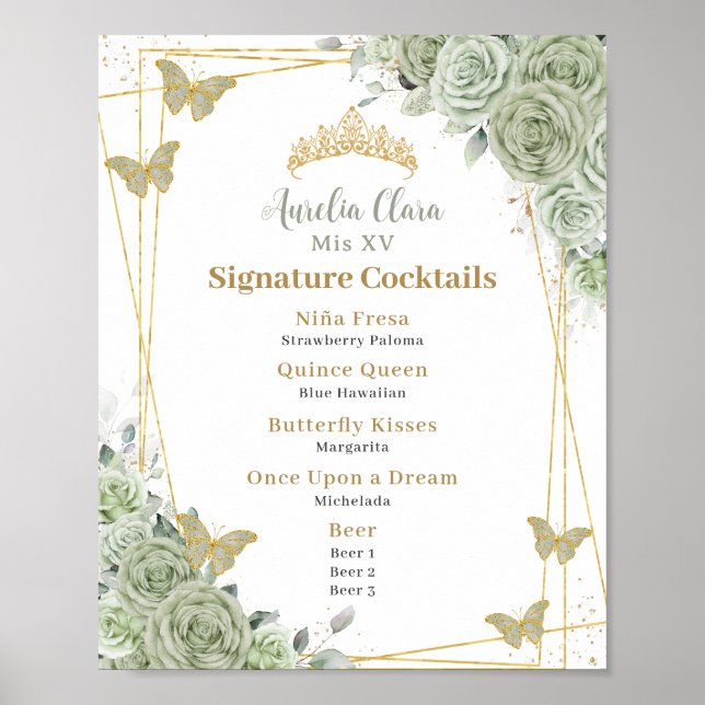 Sagegröna blomster-quinceanera signaturdrinkar poster (Framsidan)