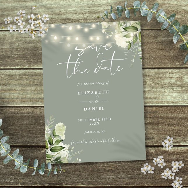 Sagegröna blomstergrönsaksljus kedja vigsel spara datumet (Sage Green Floral Greenery String Lights Wedding Save The Date)