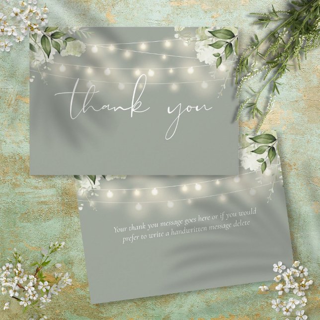 Sagegröna blomstergrönska sladdljus tack kort (Sage Green Floral Greenery String Lights Thank You Card)