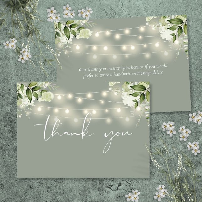 Sagegröna blomstergrönska slingljus tack kort (Sage Green Floral Greenery String Lights Thank You Card)