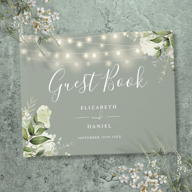 Sagegröna blomsterrankor sladdljus bröllop gästböcker (Sage Green Floral String Lights Wedding Guest Book)