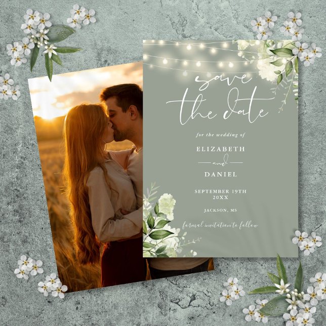 Sagegröna blomstersträngljus foto bröllop spara datumet (Sage Green Floral String Lights Photo Wedding Save The Date)