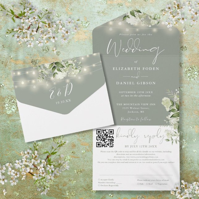 Sagegröna blomstersträngljus QR-kod bröllop (Sage Green Floral String Lights QR Code Wedding All In One Invitation)