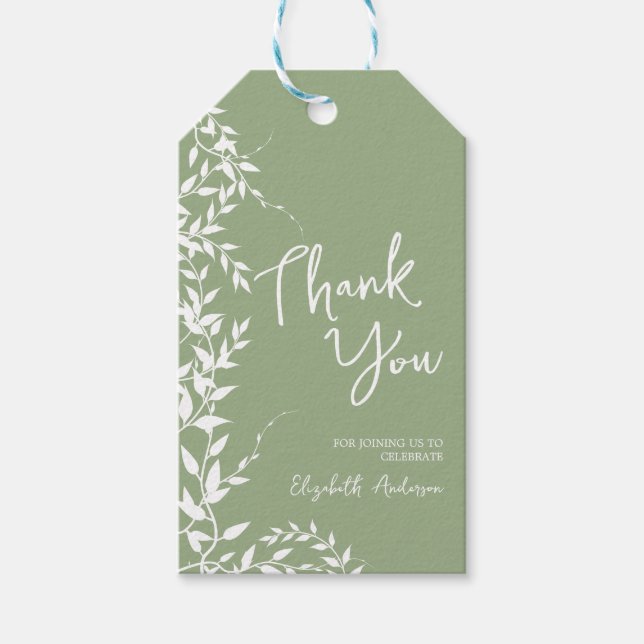 Sagegröna botaniska blad Bröllopsdusch Presentetikett (Framsidan)