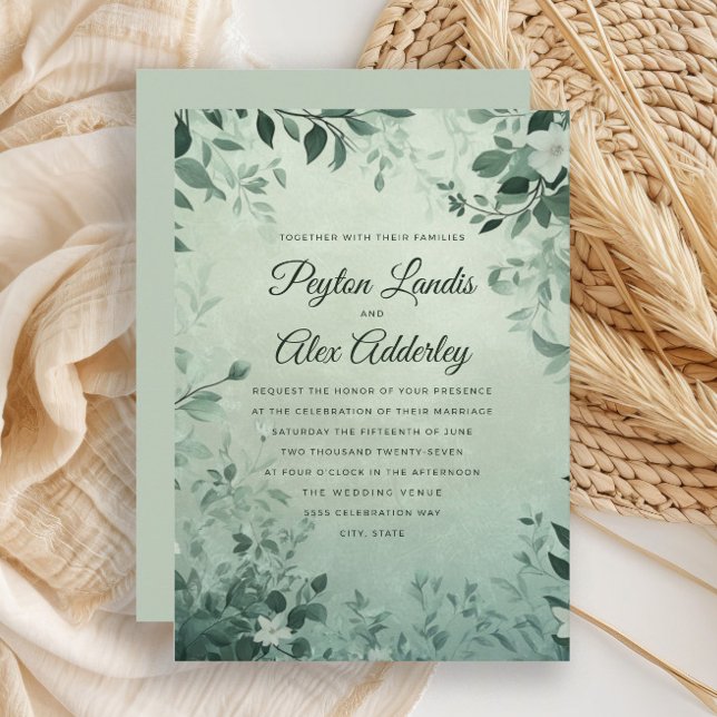 Sagegröna botaniska blad Vattenfärg Bröllop Inbjudningar (Sage green leaves botanical wedding invitation)