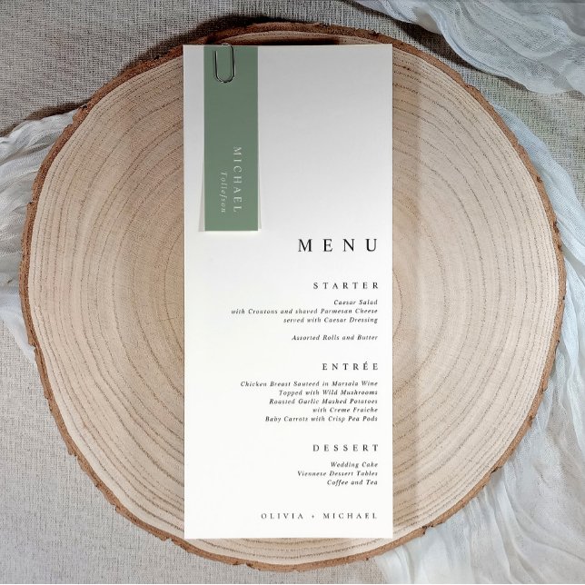 Sagegröna bröllopsnamn etiketter 3.5 x 1 smala kor (Sage green wedding name tag attached to menu, slim minimalist place card for elegant table settings)