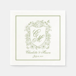 Sagegröna bröllopsservetter med monogram och elega pappersservett
