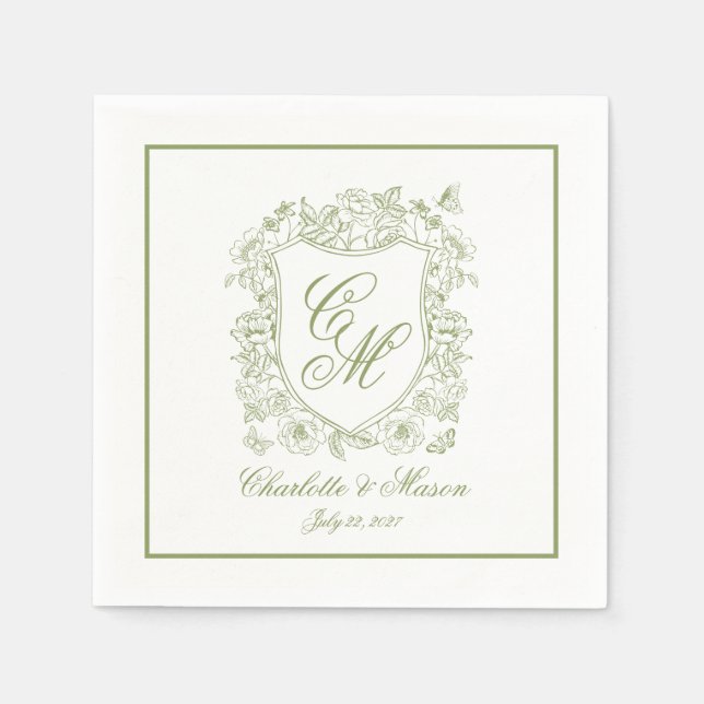 Sagegröna bröllopsservetter med monogram och elega pappersservett (Framsidan)