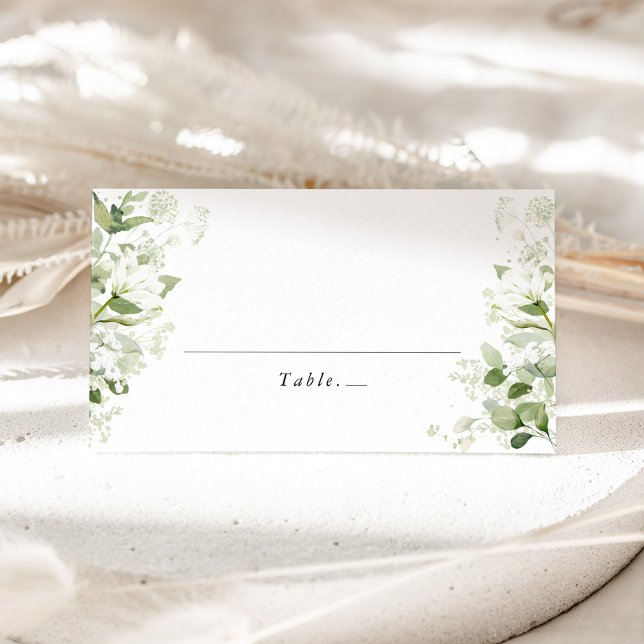 Sagegröna ekologiska grönskande bröllopsplatskort placeringskort (Organic greenery wedding place card with sage green botanical wild meadow florals for garden wedding)