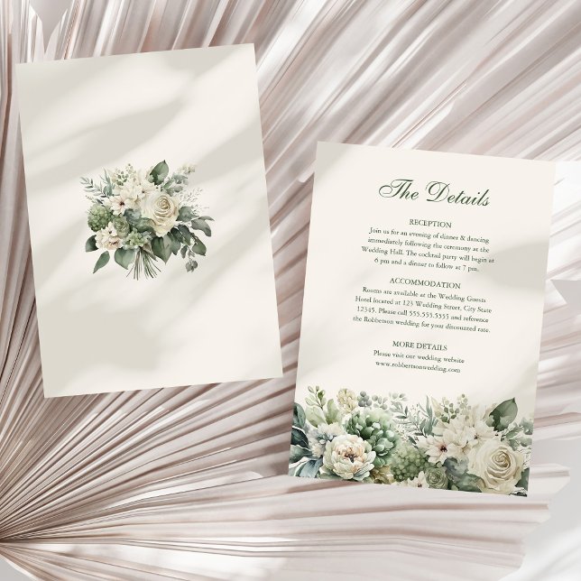 Sagegröna & Elfenbensfärgade Blommor Bröllopsinfor Inbjudningar (Sage Green & Ivory Flowers Wedding Details Card on a sunny white dry palm leaf.)