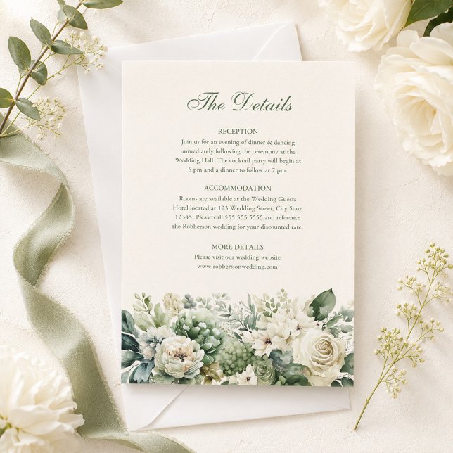 Sagegröna & Elfenbensvita Blommor Bröllop Detaljer Inbjudningar (Sage Green & Ivory Flowers Wedding Details Card on a table with ivory flowers and green ribbon)