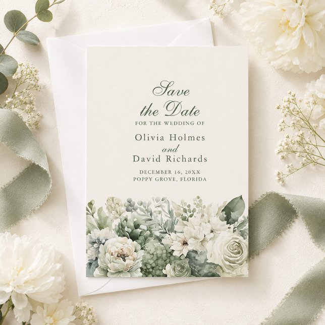 Sagegröna & Elfenbensvita Blommor Spara Datum-kort Datumet (Boho Sage Green & Ivory Flowers Save The Date Card on a table with white flowers and green ribbon)