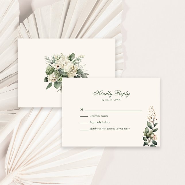 Sagegröna & Elfenbensvita Vildblommor Bröllop RSVP Tack Kort (Sage Green & Ivory Wildflowers Wedding RSVP Card on a sunny white table with dry palm leaf.)