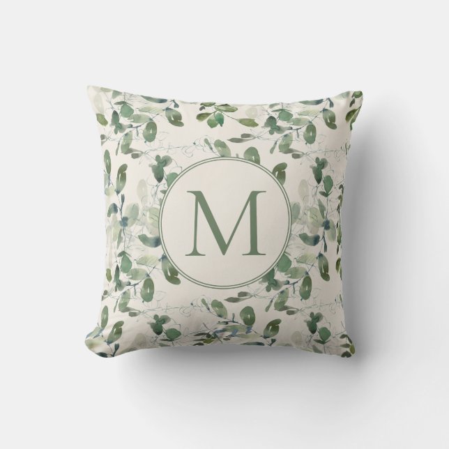 Sagegröna eucalyptusblad krämfärgat monogram kudde (Framsida)