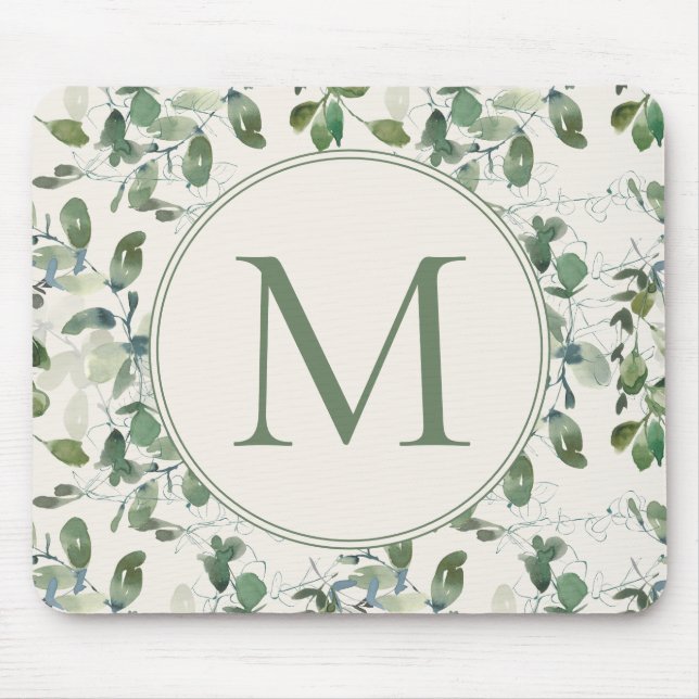 Sagegröna eucalyptusblad krämfärgat monogram musmatta (Framsidan)
