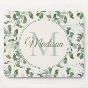 Sagegröna eucalyptusblad Krämfärgat Monogram Namn Musmatta