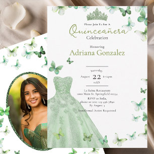 Sagegröna fjärilar Klänning Tiara Quinceanera Inbjudningar