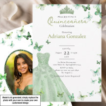 Sagegröna fjärilar Klänning Tiara Quinceanera