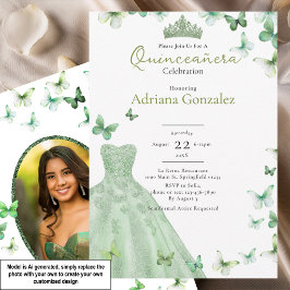 Sagegröna fjärilar Klänning Tiara Quinceanera Inbjudningar