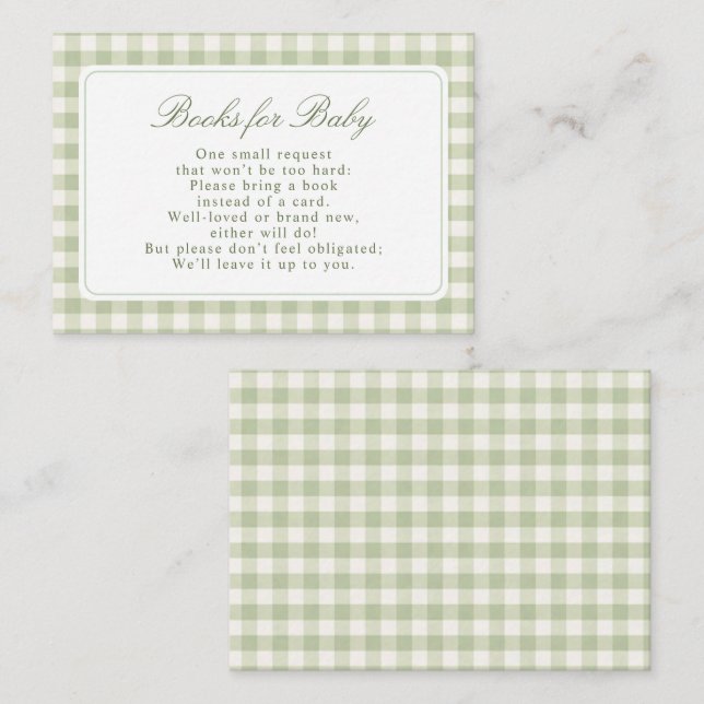 Sagegröna Gingham-böcker Babyfirande Tilläggskort (Fram/baksida)