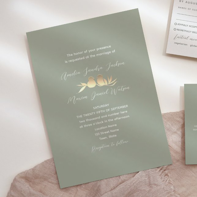 Sagegröna Guld Lovepar Wedding Inbjudningar (Skapare uppladdad)